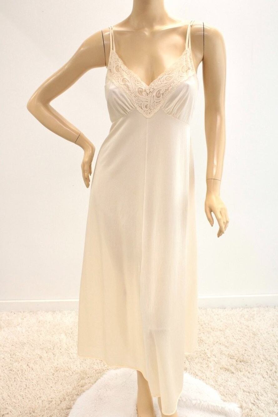 VTG Long Maxi Nightgown Large Slip Dress Ivory Lace Nylon Embroidered Cottagecor